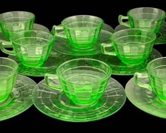 387 - 17pcs Uranium Green Glass Cups & Saucers (Description): Saucers - 6.25 round cups - 2 tall