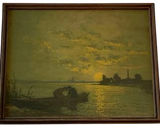663 - Framed Print 15.25"x18.5" (Description): A framed print depicting a serene water  scene. The piece measures 15.25 inches by  18.5 inches and is presented in a wooden  frame.