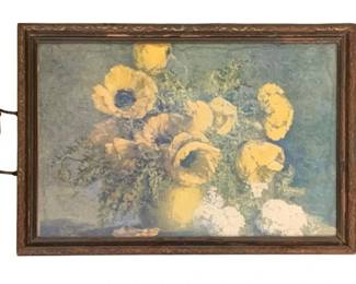 478 - Antique Serving Tray 14"x22.5" (Description): Antique serving tray featuring a floral print  under glass, set within a decorative wooden  frame with brass handles at each end.  Measures 14" x 22 1/5".