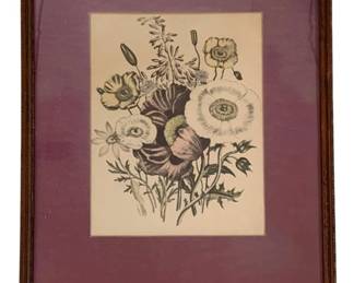 731 - Framed Print - ARIS 16"x12.5" (Description): Framed print by ARIS featuring a floral  arrangement. The print is set within a purple  mat and wooden frame. Measures 16 inches by  12.5 inches.