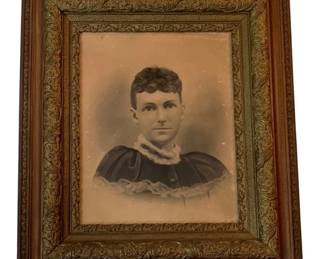 58 - Vintage Framed Print 31"x27" (Description): Framed print featuring a portrait photograph.  The piece is presented in an ornate gilt and  wood frame. Measures 31 inches by 27 inches.