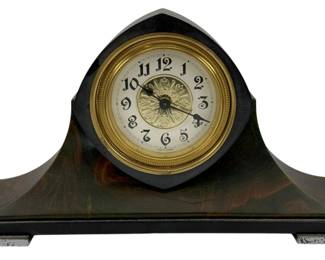 322 - Vintage German Mantle Clock 6.5"x12"x3" (Description): Vintage German mantle clock featuring a  classic tambour style case. The clock  measures 6 1/2 inches high by 12 inches wide  by 3 inches deep. Used as is electric/electronic/mechanical item. No guarantee all components, untested.