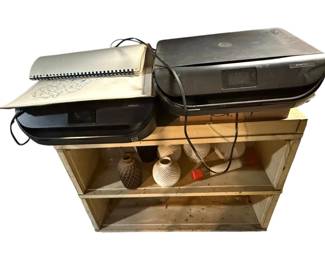 1028 - Metal 2-Shelf Stand & contents w/ 2 printers