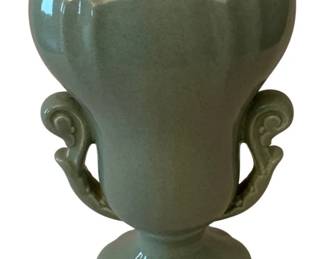87 - Red Wing Pottery Vase 8.5"x6"x3" (Description): Red Wing Pottery vase featuring a decorative  urn-style form with ornate scroll handles and  a scalloped rim. The vase measures 8.5  inches tall by 6 inches wide by 3 inches  deep.