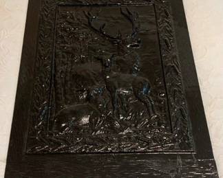 787 - Metal Fireplace Cover 29"x20" (Description): Metal fireplace cover featuring a relief  design. Measures 29 inches by 20 inches.