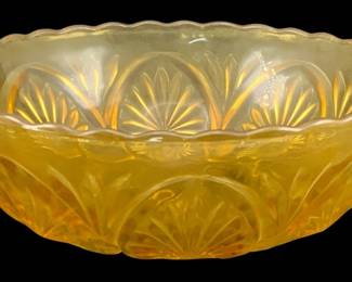 349 - Amber Glass Bowl 2.5"x8" (Description): Amber glass bowl featuring a decorative  pressed pattern with scalloped rim. Measures  2.5 inches tall by 8 inches in diameter.