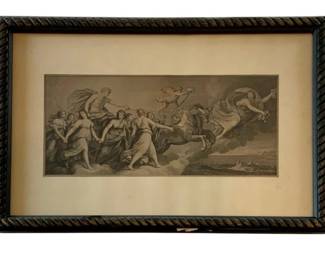 657 - Framed Print 19.5"x13.5" (Description): A pair of framed prints featuring classical  figurative imagery. Each print is presented  in a decorative rope-twist black frame with  cream matting. Measurements: 19 1/2" x 13.5".