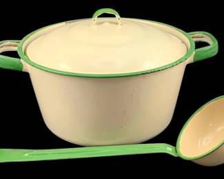 338 - Enamelware Pot w/ Ladle 7"x9.5 + 14" (Description): The cream-colored enamelware is accented with  green trim on the handles and rims.  Measurements: pot 7" x 9.5", ladle 14".