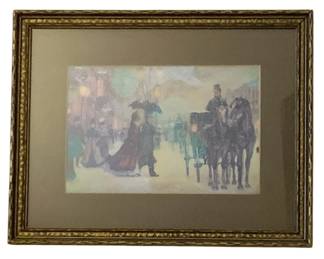 233 - Framed Print 7.5"x9.5" (Description): Framed print depicting a Victorian street  scene with figures and a horse-drawn  carriage. Measures 7.5 inches by 9.5 inches.