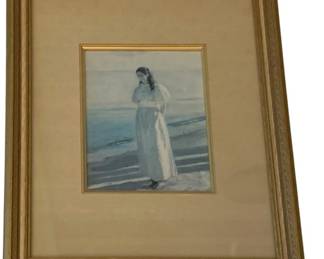 174 - Framed Print 13.5"x11.5" (Description): Framed print featuring a figure in a coastal  seascape scene. Presented in a gilt frame  with cream matting. Measures 13 1/2 inches by  11.5 inches.