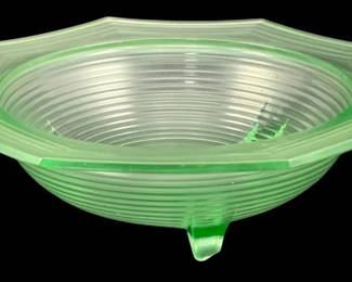 418 - Uranium Green Glass Bowl (Description): Uranium glass bowl with footed base.  Condition note: chipped foot. Measures 3 1/4  inches by 10 inches.