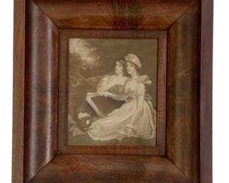 49 - Framed Print 12.5"x11" (Description): A framed print depicting two elegantly  dressed women in a pastoral setting. The  print is housed in a wooden frame and  measures 12.5 inches by 11 inches.