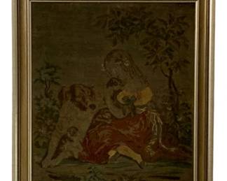 671 - Framed Tapestry 34"x31" (Description): A framed tapestry depicting a pastoral scene.  The tapestry measures 34 inches by 34 inches  and is presented in a decorative frame.