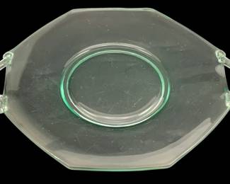 398 - Glass Serving Platter 13"x10.5" (Description): Glass serving platter with decorative  handles. The platter features an octagonal  shape with a central circular depression.  Measures 13 inches by 10.5 inches.