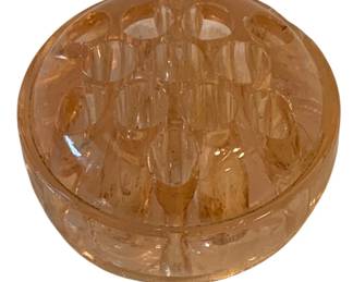 649 - Pink Glass Flower Frog 2.25"x3" (Description): Pink glass flower frog with multiple holes  for arranging flower stems. Measures 2 1/4  inches by 3 inches.