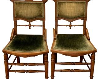 684 - 2 Antique Chairs 35"x18.5"x18" (Description): A pair of antique chairs featuring  upholstered seats and backs. The set includes  two matching chairs. Measurements: 35 inches  high x 18.5 inches wide x 18 inches deep.