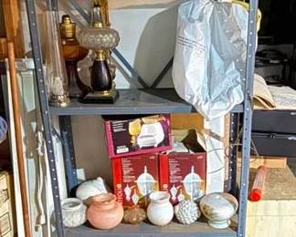 1027 - Metal Shelf w/ Assorted Items on Shelves & Floor (Description): 61.25 x 30 x 12 - include water jug as well