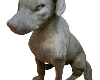 1 - Cast Iron Dog Statue - 23 x 24 x 16 (Description): Cast iron dog statue depicting a seated dog.  Sold as is with noted damage. Measures 23  inches by 24 inches by 16 inches.