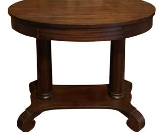 166 - Wood Table 30.5"x36"x24" (Description): A wood table featuring a round top supported  by two column-style pedestals on a shaped  base with scrolled feet. Measures 30.5 inches  by 36 inches by 24 inches.