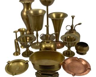458 - Assorted Items (Description): A lot of assorted metal items including  various brass and copper pieces such as  vases, goblets, ashtrays, plant misters, and  decorative vessels.