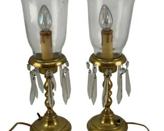 300 - 2 Brass Prism Lamps w/ Globes - 14" Tall (Description): Used as is electric/electronic/mechanical  item. No guarantee all components, untested.