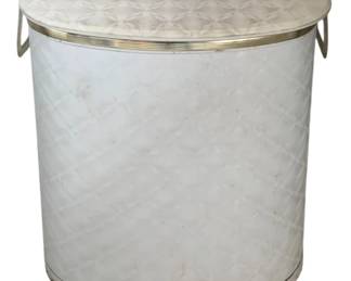 718 - Vintage Clothes Hamper 25"x21"x12" (Description): Vintage clothes hamper featuring a quilted  pattern design with gold-tone trim around the  rim and decorative handles on each side.  Measures 25 inches high by 21 inches wide by  12 inches deep.