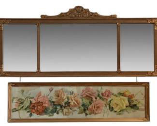 79 - Antique 3-Panel Mirror w/ Floral Print 29"x41" (Description): A decorative wall hanging featuring a gilt  framed mirror with an accompanying floral  print. The mirror features a tri-panel design  with ornate carved details at the crest and  corners. Below hangs a horizontal framed print depicting colorful roses. Measures 29  inches by 41 inches.