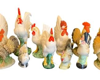 503 - Assorted Rooster Figures (Description): A lot of rooster figures. The collection  includes multiple ceramic roosters in various  poses and colorful painted finishes.