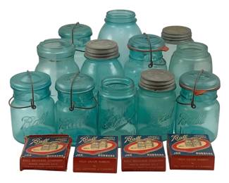 508 - Assorted Blue Glass Mason Jars w/ Extra Lids