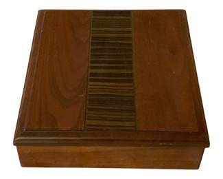 125 - Wood Storage Box 3"x9"10" (Description): A wooden box featuring decorative inlay  detail on the lid. Measures 3 inches by 9  inches by 10 inches.