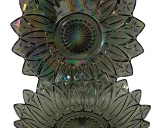 498 - 2 Carnival Glass Dishes 10" Round (Description): A two-piece set of carnival glass dishes  featuring an iridescent finish. Each dish  measures 10 inches round.