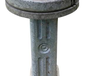 14 - Concrete Birdbath 24"x15.5" (Description): Concrete birdbath featuring a decorative  pedestal base with fluted details and  circular medallion accents. The round basin  sits atop the columnar stand. Measures 24" x  15.5".