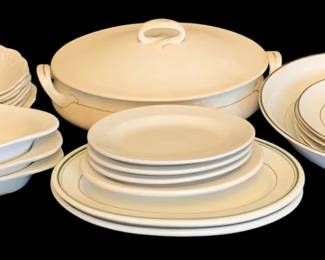 513 - Assorted China (Description): A lot of assorted china pieces including  various plates, bowls, a covered serving  dish, and other tableware items in  coordinating cream and white tones with  subtle decorative accents.