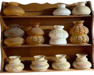 1013 - Wooden Shelf w/ assorted Glass Shades (Description): 30 x 40.5 x 9