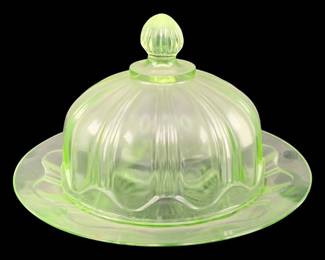372 - Uranium Green Glass Covered Butter Dish 5"x6.5"