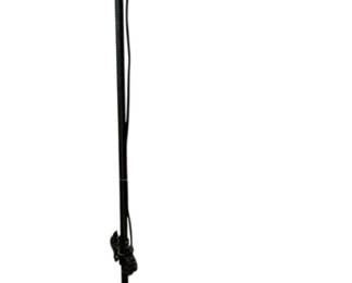 630 - Floor Lamp 55.5" Tall (Description): Floor lamp measuring 55.5 inches tall.  Features a decorative bridge arm design with  an ornate finial, twisted pole, and round  base. Includes a hexagonal shade with scenic  illustrations. Used as is electric/electronic/mechanical  item. No guarantee all components, untested.