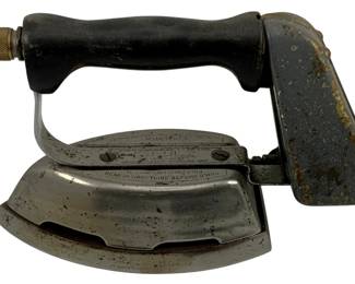 435 - Antique Iron 6.25"x10"x4" (Description): Antique iron with black handle and metal  body. Measures 6 1/4" x 10" x 4". Used as is electric/electronic/mechanical  item. No guarantee all components, untested.