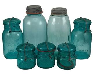 506 - 7 Ball Mason Jars 4", 8", 10" tall (Description): A three-piece lot of Ball Mason jars in  assorted sizes. The jars measure 4 inches, 8  inches, and 10 inches tall.
