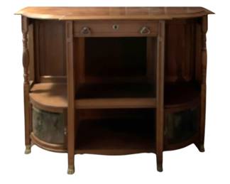 165 - Cabinet Server 35.5"x43"x12.5" (Description): Cabinet server featuring open shelving with a  central drawer. The piece includes curved  side sections and decorative carved details  on the sides with brass claw feet. Measures  35.5 inches high by 43 inches wide by 12.5 inches deep.