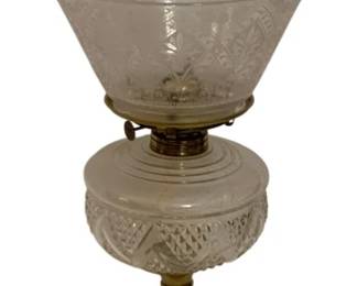 791 - Oil Lamp 21" (Description): Oil lamp measuring 21 inches tall. Features a  cut glass font, etched glass shade and  chimney, yellow painted stem with floral  decoration, and a black stepped base.