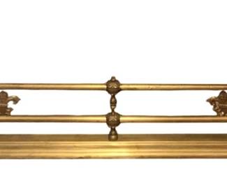 163 - Brass Fireplace Rail/Bumper 41"x12.5"x8" (Description): Brass fireplace rail and bumper featuring  decorative finials and double rail design.  Measures 41 inches high by 12.5 inches wide  by 8 inches deep.