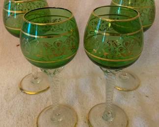 307 - 4 Green/Gold Etched Glasses - 7" Tall