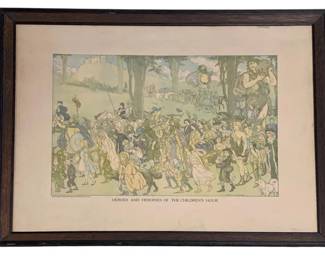 780 - Heroes and Heroines of Children's Hour Print (Description): Framed print titled "Heroes and Heroines of  The Children's Hour." The piece measures  17.75" x 22" framed and features a colorful  illustration depicting numerous characters in  a whimsical scene. Presented in a dark wooden frame.