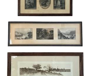 114 - 3 Framed Prints 41"x30" (Description): A decorative wall hanging featuring three  framed prints. Each frame contains multiple  printed images arranged horizontally,  including genre scenes and landscapes.  Measures 41 inches by 30 inches overall.