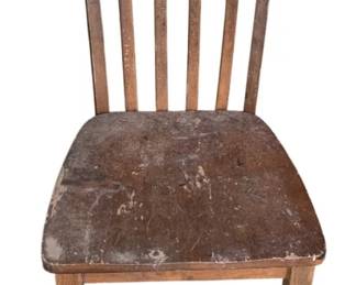 21 - Wood Chair 41"x17.5"x17.5" (Description): A wood chair with a simple slatted back  design. The chair shows signs of age and wear  consistent with use. Measures 41 inches tall  by 17.5 inches wide by 17.5 inches deep.