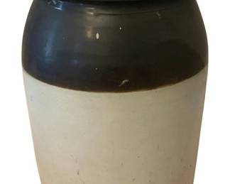 226 - Stoneware Crock 8"x11" (Description): A stoneware crock measuring 8 inches in  diameter by 11 inches tall. Features a  traditional two-tone design with a glazed  upper portion and unglazed lower body.