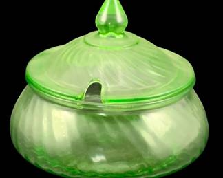 382 - Uranium Green Glass Bowl w/ Lid 4.5"x6" (Description): Uranium glass bowl with matching lid. The  piece features the characteristic green glow  typical of uranium glass. Measures 4.5 inches  by 6 inches.
