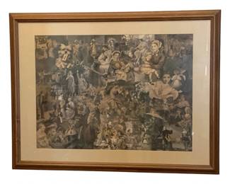 93 - Framed Print 25"x33" (Description): A framed print featuring a collage-style  composition. The piece is matted and  presented in a wooden frame. Measures 25  inches by 33 inches.