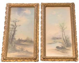 237 - 2 Framed Prints 28"x13.5" (Description): A two-piece set of framed prints featuring  landscape scenes. Each print is presented in  an ornate gilded frame. Measurements: 28" x  13.5".