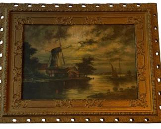 539 - Framed Print 31"x40" (Description): A framed print depicting a Dutch windmill  scene along a waterway at dusk or moonrise.  The ornate gilt frame features decorative  scrollwork and a pierced border. Measures 31  inches by 40 inches.